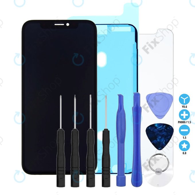 Apple iPhone X - LCD Display + Touchscreen Front Glas + Rahmen In-Cell FixPremium + LCD Klebestreifen Sticker + Gehärtetes Glas + Werkzeugsatz - Multipack