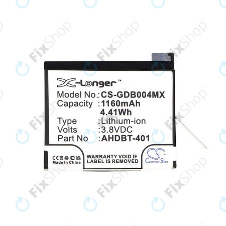 Akku batterie für GoPro Hero 4, 1160mAh, Li-Ion, 3.8V, AHDBT-401, HQ