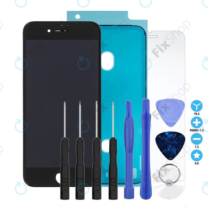 Apple iPhone 7 - LCD Display + Touchscreen Front Glas + Rahmen (Black) TFT + LCD Klebestreifen Sticker + Gehärtetes Glas + Werkzeugsatz - Multipack