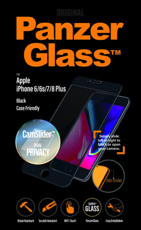 PanzerGlass - Sichtschutzhülle aus gehärtetem Glas Friendly CamSlider für iPhone 8/7 / 6s / 6 Plus, Schwarz