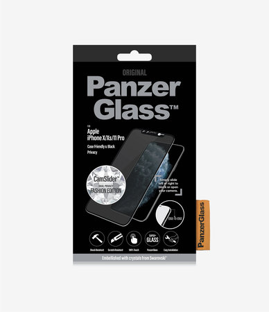 PanzerGlass - Privacy Case aus gehärtetem Glas Friendly CamSlider Swarovski für iPhone 11 Pro / XS / X, schwarz