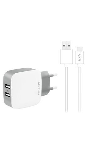 Fonex - Ladeadapter 2x USB + Kabel USB / USB-C, 10W, weiß
