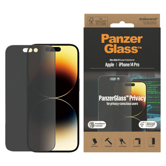 Schutzglas UWF Privacy AB mit Applikator für iPhone 14 Pro, Schwarz, PanzerGlass