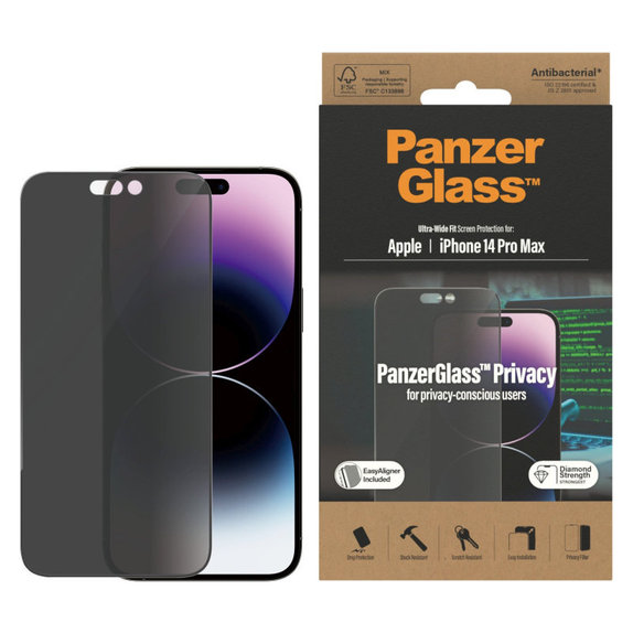 Schutzglas UWF Privacy AB mit Applikator für iPhone 14 Pro Max, Schwarz, PanzerGlass