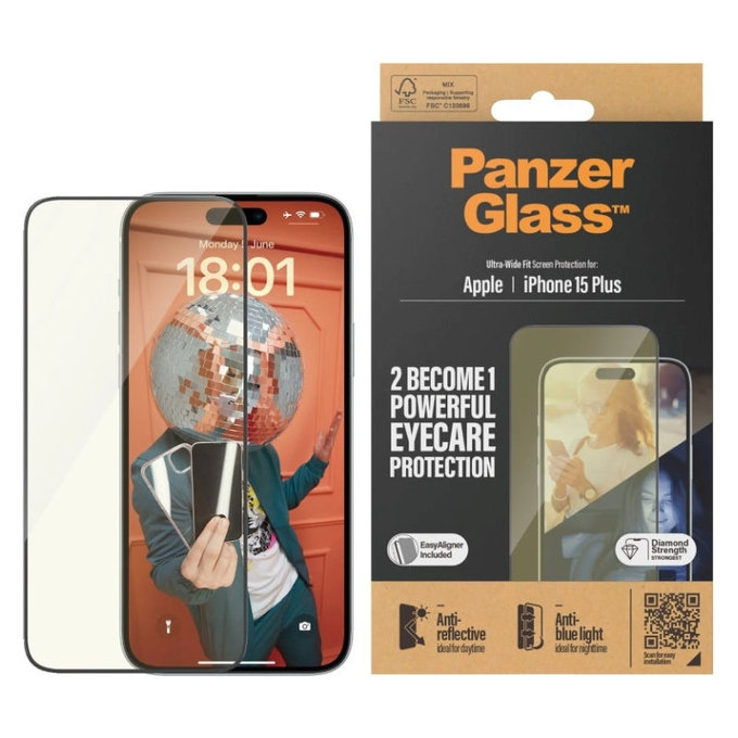 Schutzglas UWF Eyecare mit Applikator für iPhone 15 Plus, Schwarz, PanzerGlass