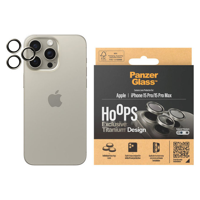 Kameraobjektivschutz Hoops für iPhone 15 Pro/15 Pro Max, Natural Titanium, PanzerGlass