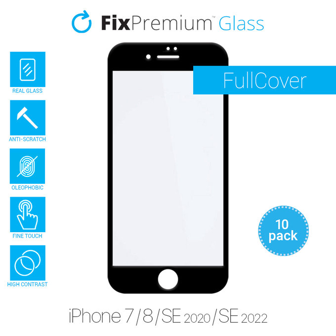 FixPremium FullCover Glass - Gehärtetes Glas für iPhone 7, 8, SE 2020 und SE 2022 (10 Pack)