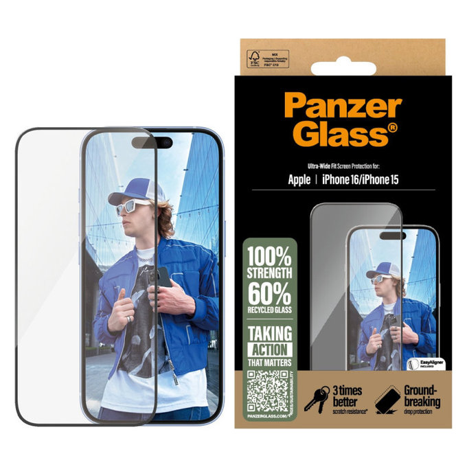 UWF Panzerglas mit Applikator für iPhone 16/15, Schwarz, PanzerGlass
