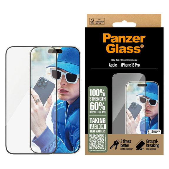 Schutzglas UWF mit Applikator für iPhone 16 Pro, Schwarz, PanzerGlass