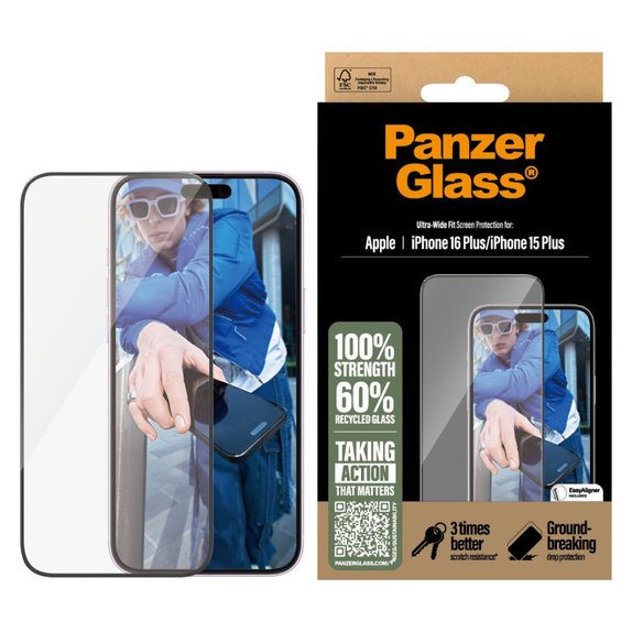 Schutzglas UWF mit Applikator für iPhone 16 Plus/15 Plus, Schwarz, PanzerGlass
