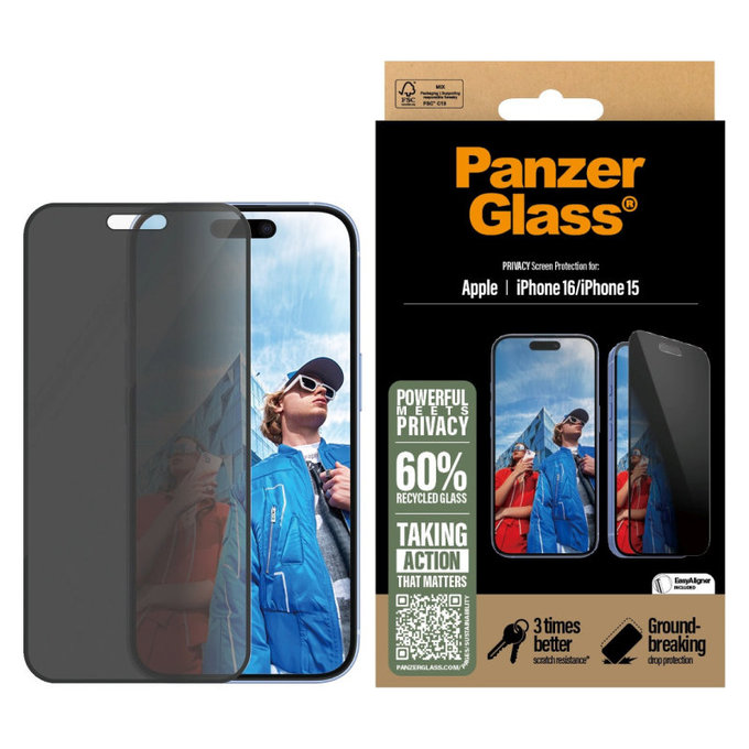 UWF Privacy Panzerglas mit Applikator für iPhone 16/15, Schwarz, PanzerGlass