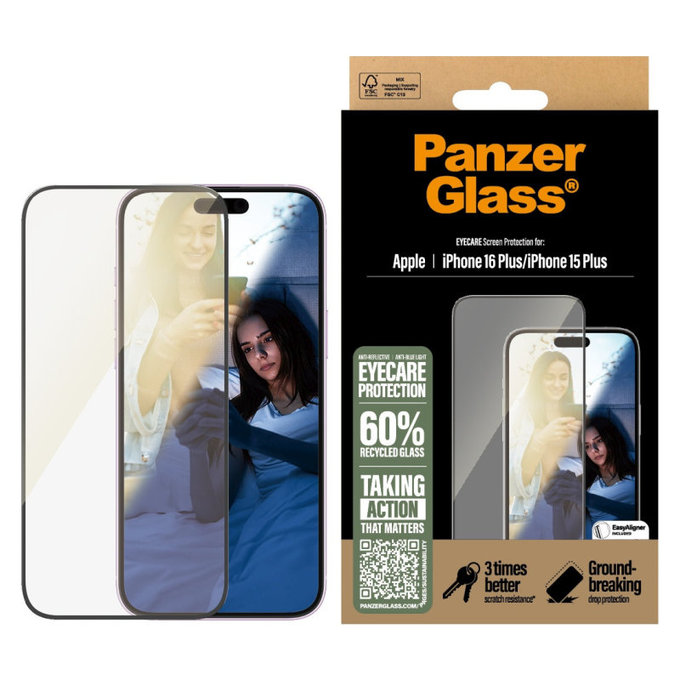 Schutzglas UWF Eyecare mit Applikator für iPhone 16 Plus/15 Plus, Schwarz, PanzerGlass