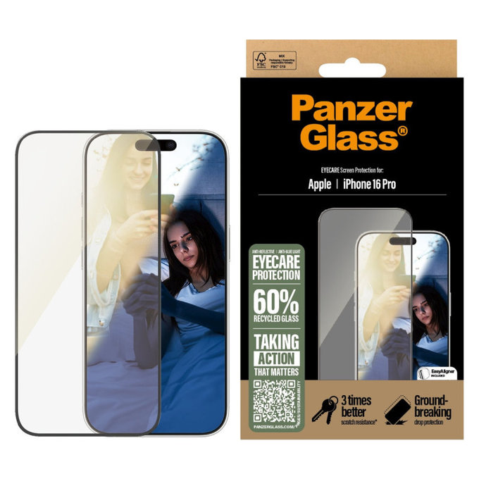 Schutzglas UWF Eyecare mit Applikator für iPhone 16 Pro, Schwarz, PanzerGlass