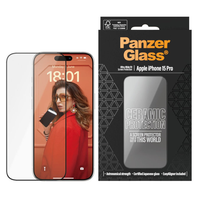 Schutzglas UWF Ceramic mit Applikator für iPhone 15 Pro, Schwarz, PanzerGlass