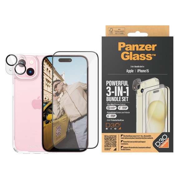 Bundle PicturePerfect + Panzerglas UWF + Hard Case D3O für iPhone 15, PanzerGlass
