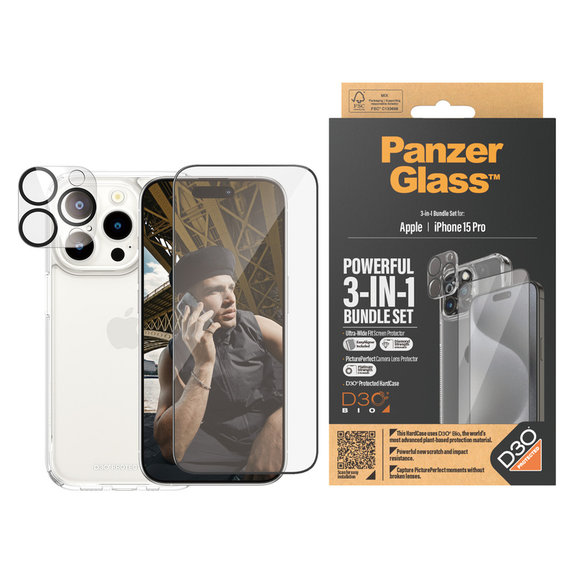 Bundle PicturePerfect + Panzerglas UWF + Hard Case D3O für iPhone 15 Pro, PanzerGlass