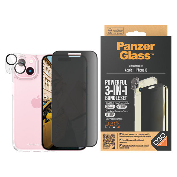 Bundle PicturePerfect + Panzerglas UWF Privacy + Hard Case D3O für iPhone 15, PanzerGlass