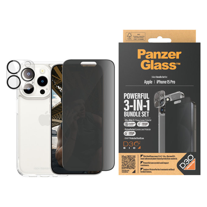 Bundle PicturePerfect + Panzerglas UWF Privacy + Hard Case D3O für iPhone 15 Pro, PanzerGlass