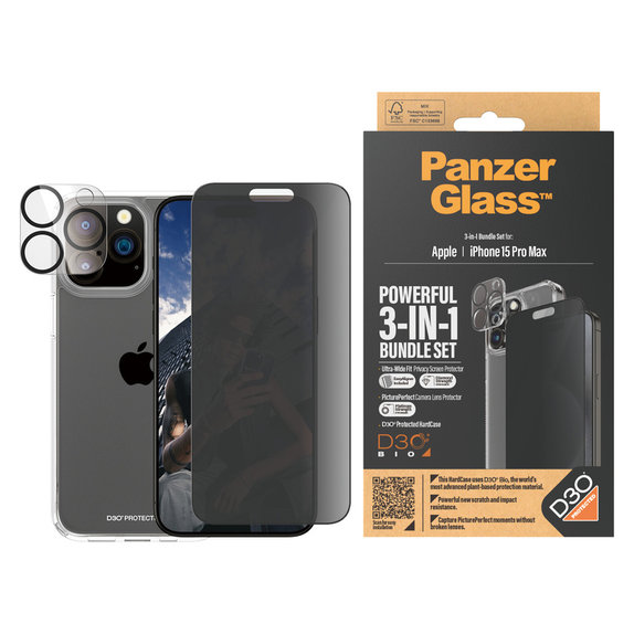 Bundle PicturePerfect + Panzerglas UWF Privacy + Hard Case D3O für iPhone 15 Pro Max, PanzerGlass