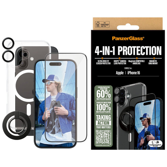 Bundle Hoops + UWF Panzerglas + Hard Case + Magnetic Ring Mount für iPhone 16, PanzerGlass