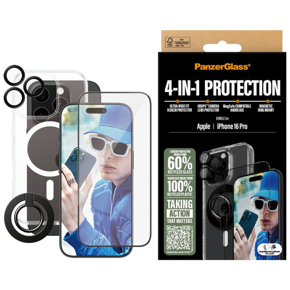 Bundle Hoops + UWF Panzerglas + Hard Case + Magnetic Ring Mount für iPhone 16 Pro, PanzerGlass