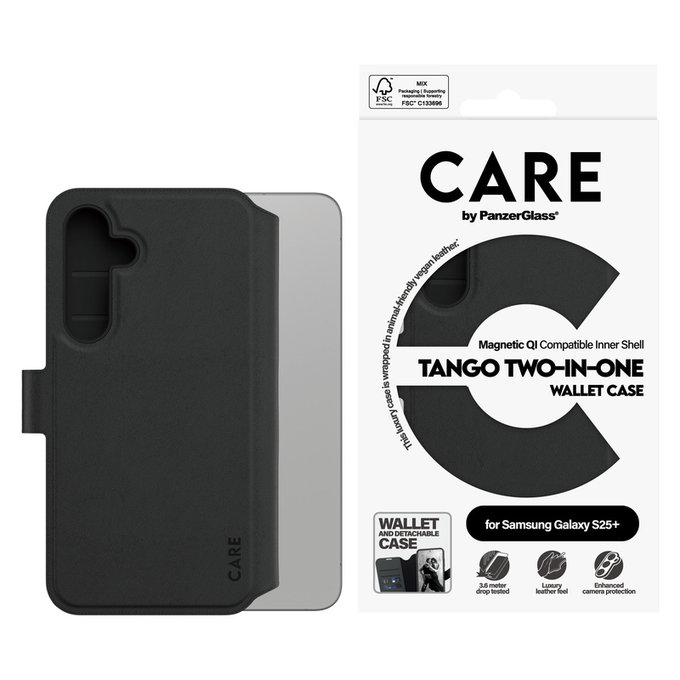 Hülle Wallet Tango Two-In-One mit QI für Samsung Galaxy S25+, Schwarz, PanzerGlass