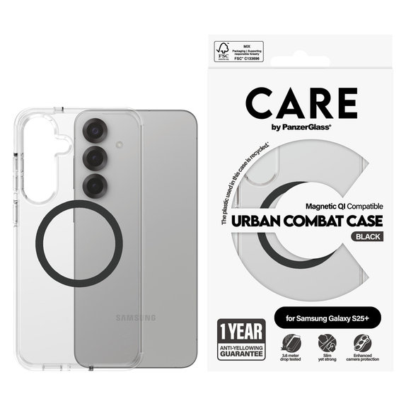 Hülle Urban Combat mit schwarzem QI für Samsung Galaxy S25+, Transparent, PanzerGlass
