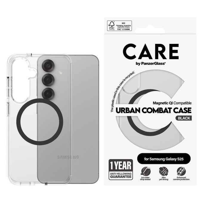 Hülle Urban Combat mit schwarzem QI für Samsung Galaxy S25, Transparent, PanzerGlass