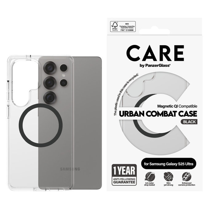 Hülle Urban Combat mit schwarzem QI für Samsung Galaxy S25 Ultra, Transparent, PanzerGlass