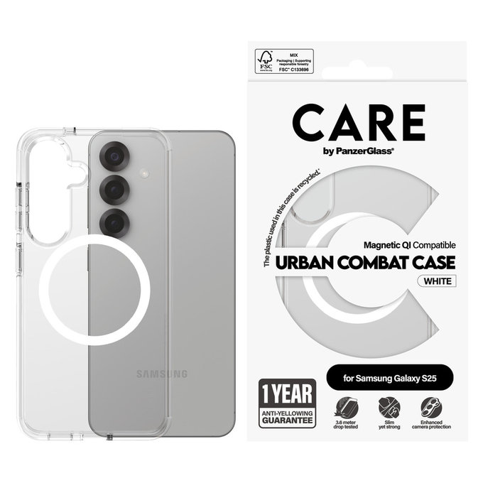 Hülle Urban Combat mit weißem QI für Samsung Galaxy S25, Transparent, PanzerGlass