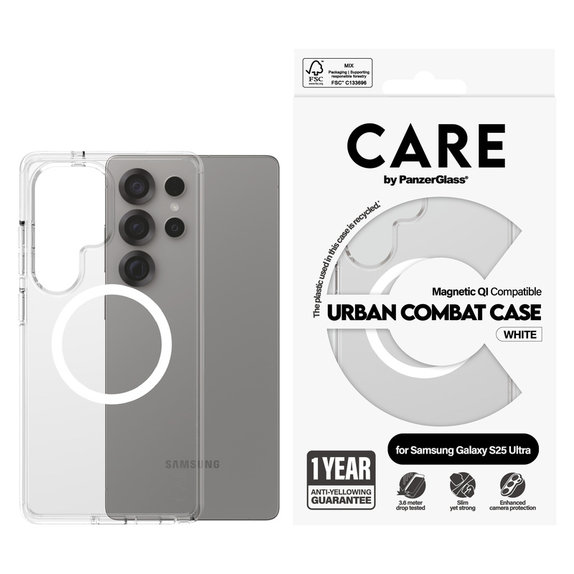 Hülle Urban Combat mit weißem QI für Samsung Galaxy S25 Ultra, Transparent, PanzerGlass