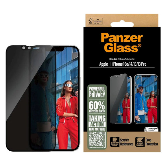UWF Privacy Panzerglas mit Applikator für iPhone 17e/16e/14/13/13 Pro, Schwarz, PanzerGlass