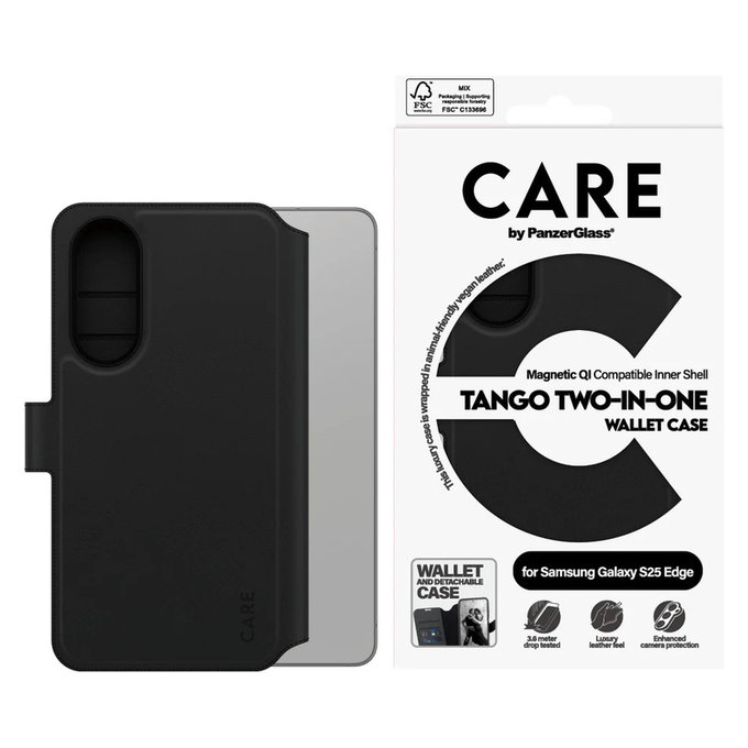 Hülle Wallet Tango Two-In-One mit QI für Samsung Galaxy S25 Edge, Schwarz, PanzerGlass