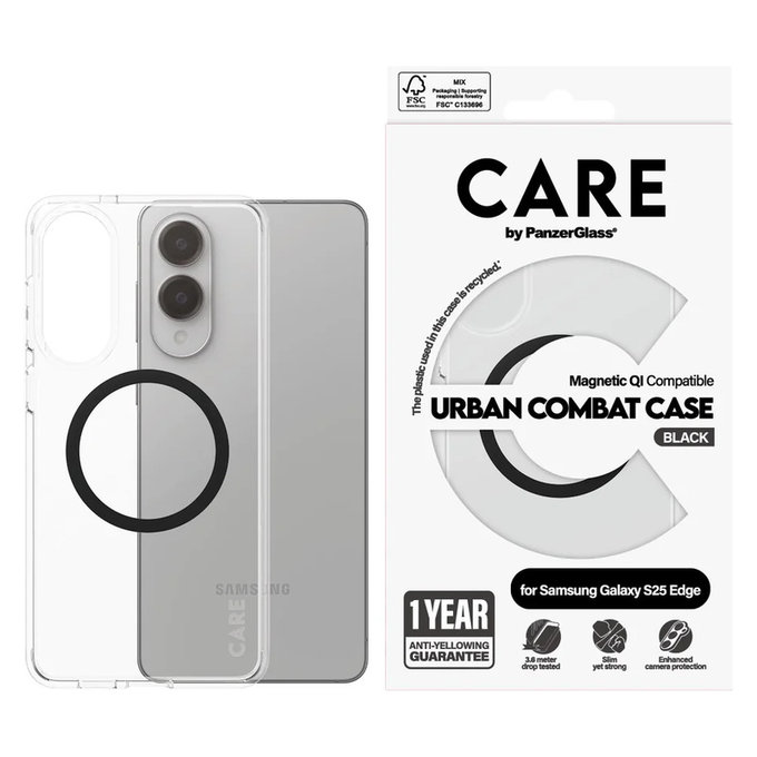 Hülle Urban Combat mit schwarzem QI für Samsung Galaxy S25 Edge, Transparent, PanzerGlass