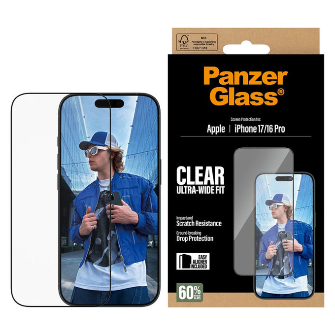 UWF Panzerglas mit Applikator für iPhone 17/16 Pro, Schwarz, PanzerGlass