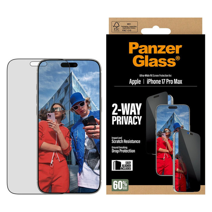 UWF 2-Way Privacy Panzerglas mit Fastfit für iPhone 17 Pro Max, Schwarz, PanzerGlass