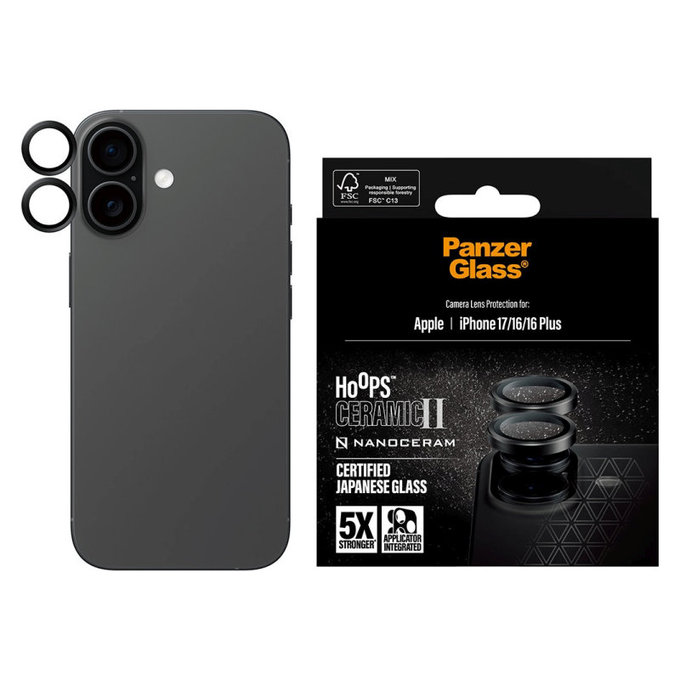 Kameralinsenschutz Hoops Ceramic II für iPhone 17/16 Plus/16, Schwarz, PanzerGlass