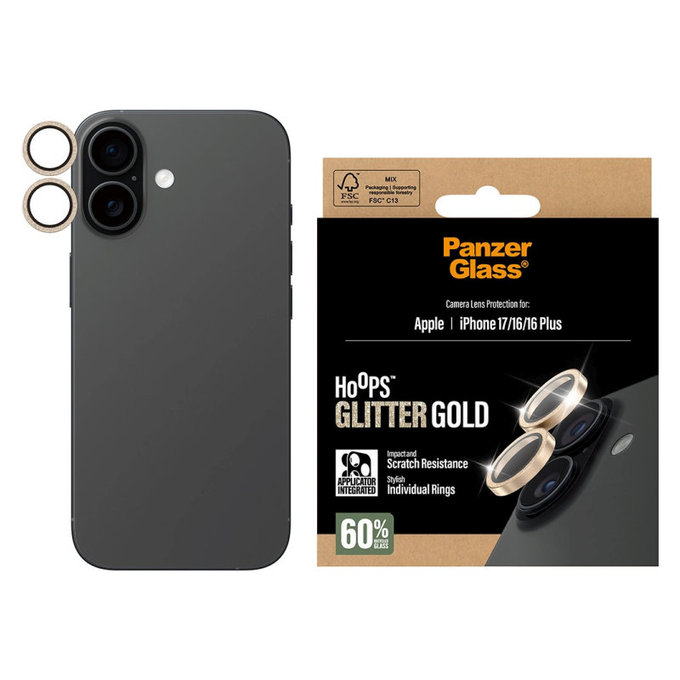 Kameralinsenschutz Hoops für iPhone 17/16 Plus/16, Glitter Gold, PanzerGlass