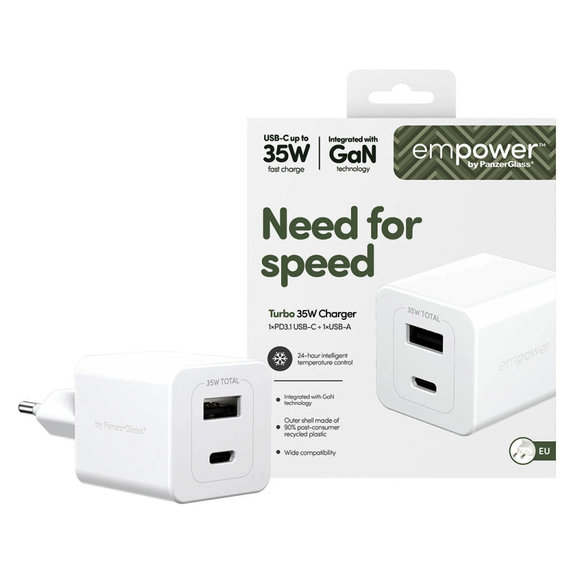 Reiseadapter Grand Prix USB-C/USB-A, GaN, 35 W PD, silberweiß, empower