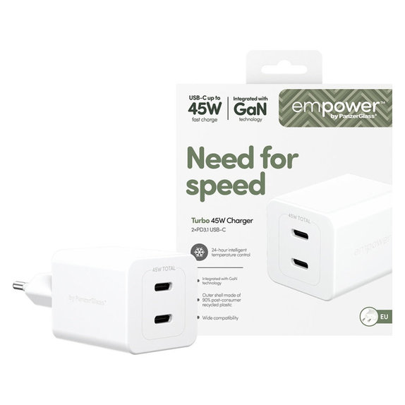 Reiseadapter Grand Prix 2x USB-C, GaN, 45 W PD, Silberweiß, empower