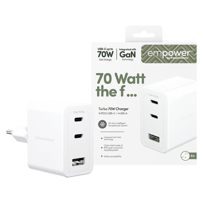 Reiseadapter Grand Prix 2x USB-C/USB-A, GaN, 70 W PD, Silberweiß, empower
