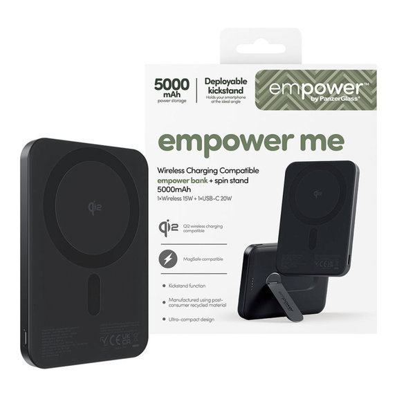 Kabellose PowerBank 5000 mAh mit drehbarem Ständer, 20 W, kompatibel mit MagSafe, Qi2/USB-C, Space Black, empower