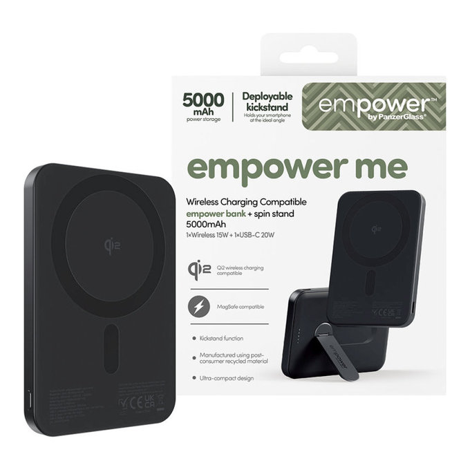 Kabellose PowerBank 5000 mAh mit drehbarem Ständer, 20 W, kompatibel mit MagSafe, Qi2/USB-C, Space Black, empower