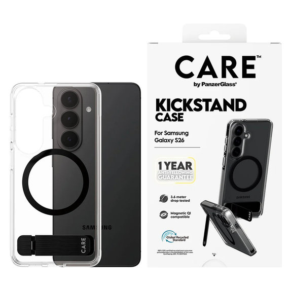 Hülle Kickstand mit schwarzem QI für Samsung Galaxy S26, Transparent, PanzerGlass