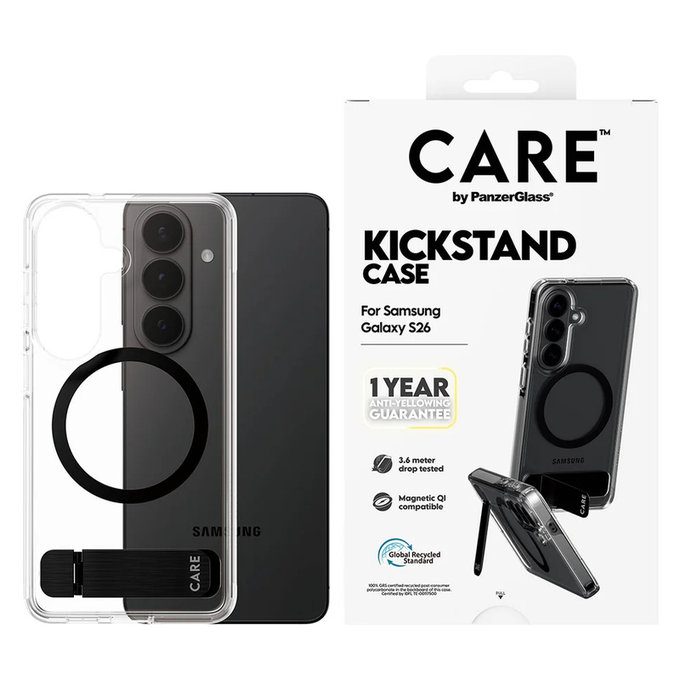 Hülle Kickstand mit schwarzem QI für Samsung Galaxy S26, Transparent, PanzerGlass