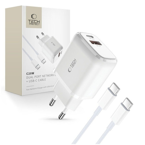 Netzladegerät C20W 2-PORT PD 20W / QC3.0 + USB-C Cable, weiß, Tech-Protect