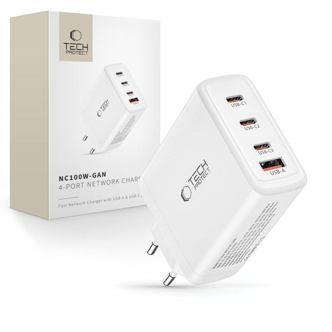 Netzladegerät NC100W-GAN 4-PORT PD 100W / QC3.0, weiß, Tech-Protect