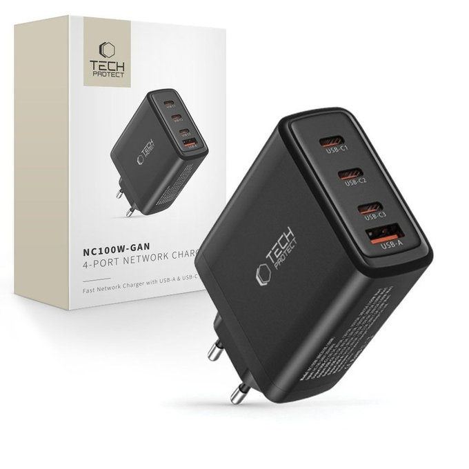 Netzladegerät NC100W-GAN 4-PORT PD 100W / QC3.0, schwarz, Tech-Protect