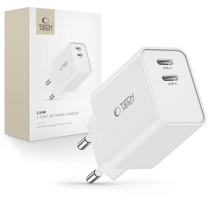 Netzladegerät C35W 2-PORT PD 35W, weiß, Tech-Protect