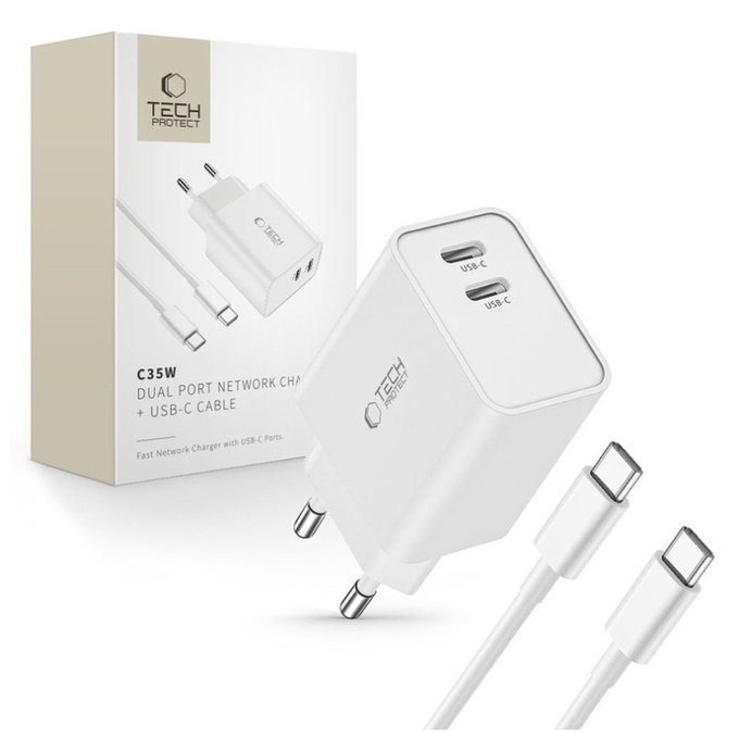 Netzladegerät C35W 2-PORT PD 35W + USB-C Cable, weiß, Tech-Protect